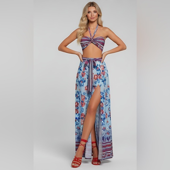 Boho Floral Print Ruched Bust Tie Backless Top & Split Thigh Belted Pant - Picture 1 of 10